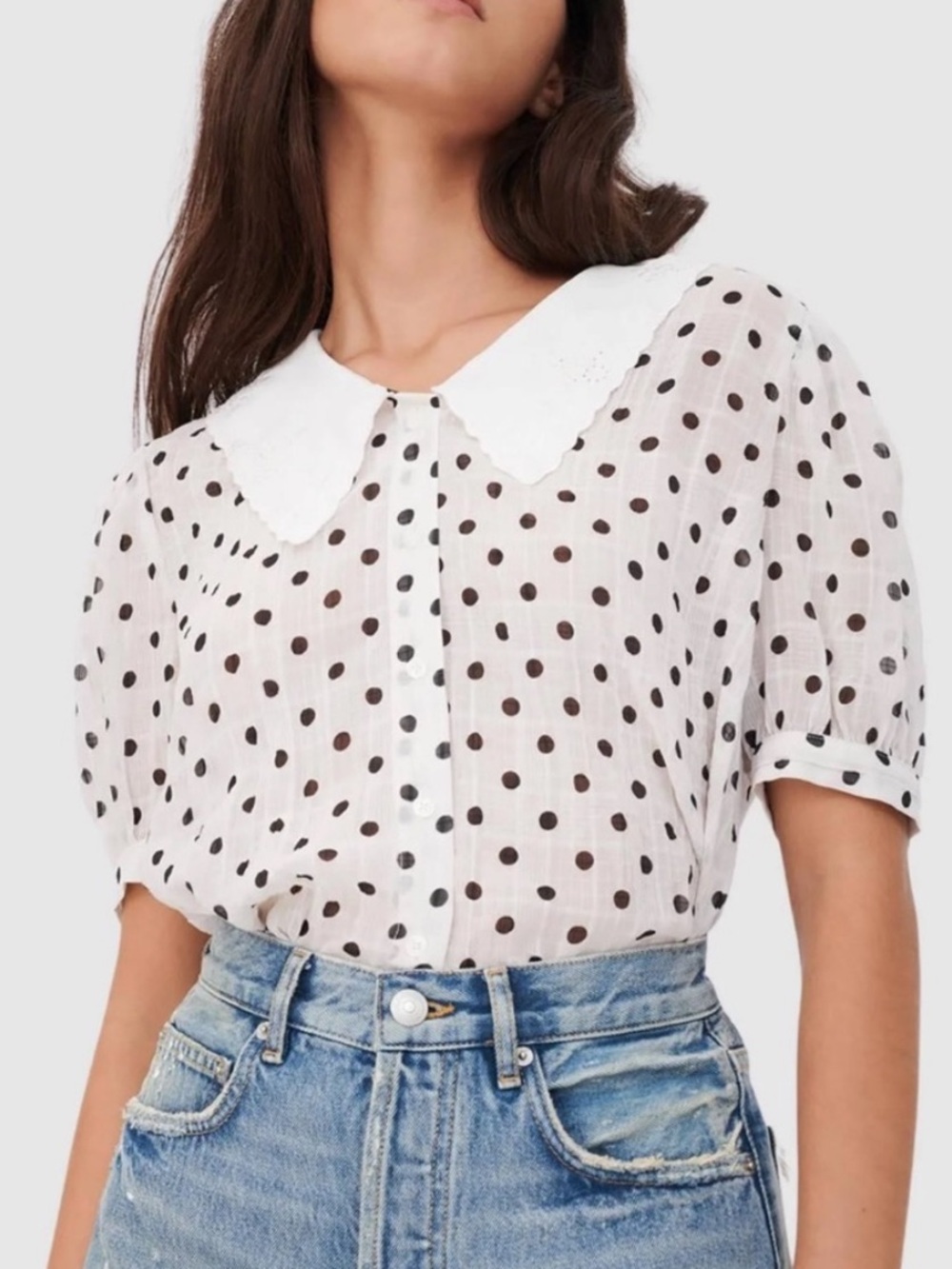 Maje Coiso Polka Dot Blouse Black White Collar Size 3
